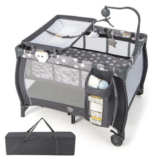 Portable Baby Playard with Changing Table Bassinet and Music Box-Gray - Color: Gray