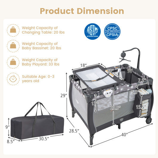 Portable Baby Playard with Changing Table Bassinet and Music Box-Gray - Color: Gray
