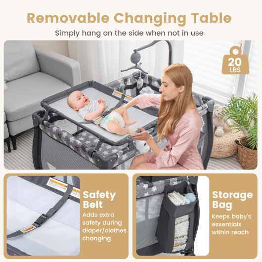 Portable Baby Playard with Changing Table Bassinet and Music Box-Gray - Color: Gray