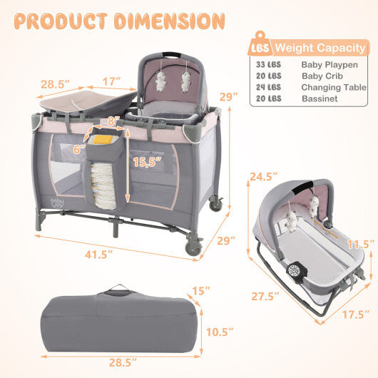4-in-1 Convertible Portable Baby Playard Newborn Napper with Music and Toys-Gray - Color: Gray