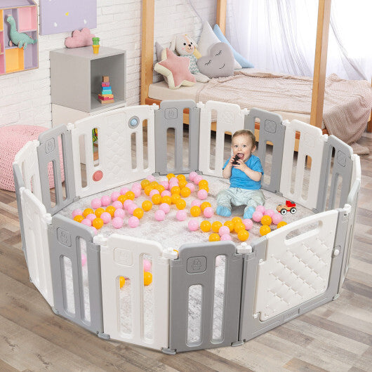 16 Panels Baby Safety Playpen with Drawing Board-Gray - Color: Gray