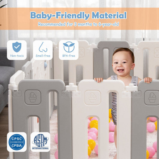 16 Panels Baby Safety Playpen with Drawing Board-Gray - Color: Gray