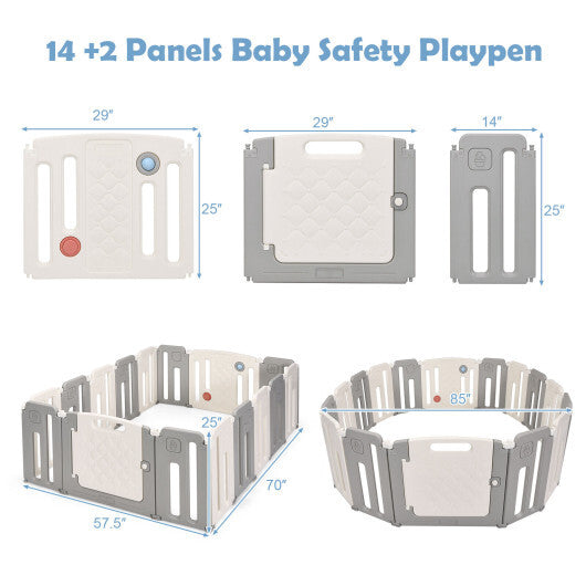 16 Panels Baby Safety Playpen with Drawing Board-Gray - Color: Gray