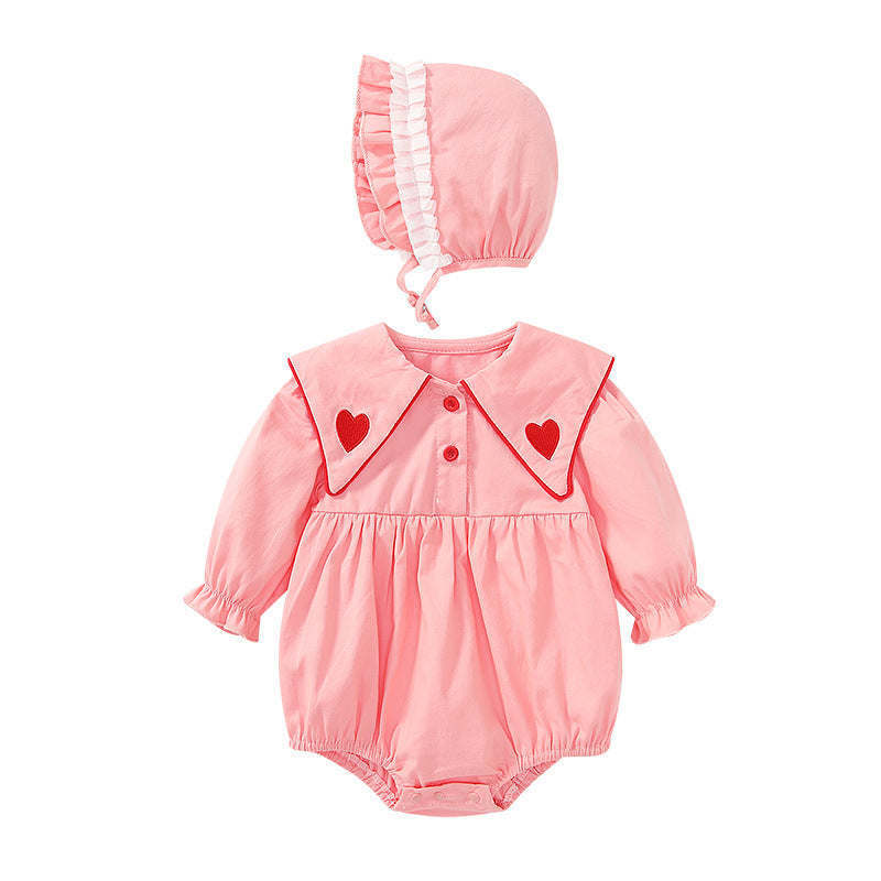 Baby Girl Solid Color Heart Embroidered Design Lapel Cute Bodysuit Onesies