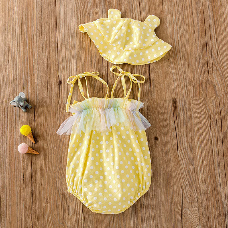 Baby Girl Polka Dot Pattern Lace Patchwork Design Sling Onesies With Hat