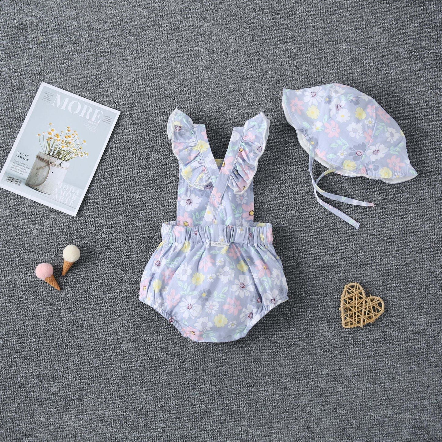 Baby Girl 1pcs Allover Floral Graphic Ruffle Onesies With Belted Hat