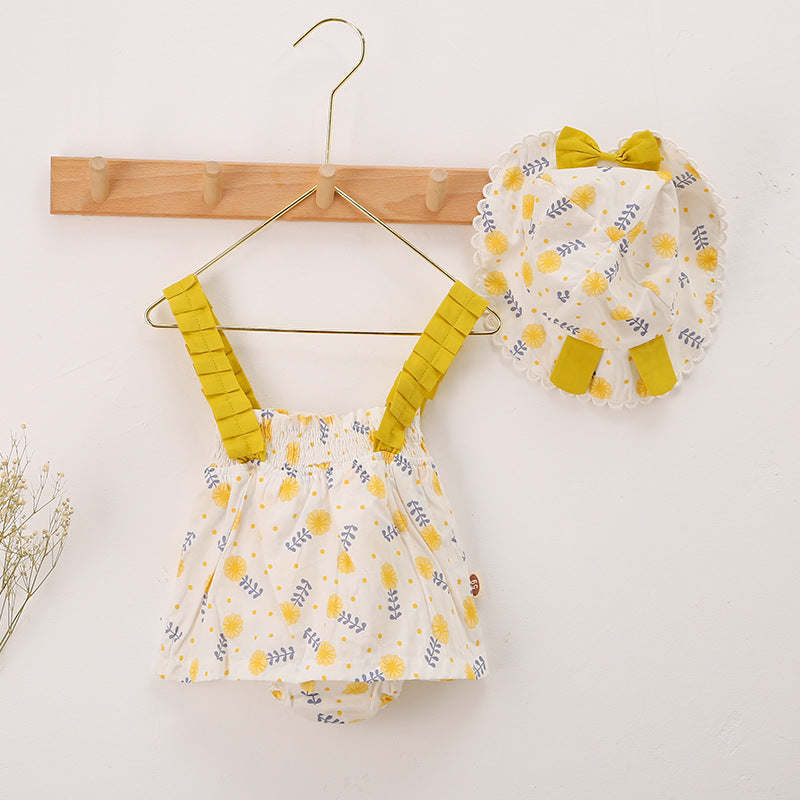 Baby Girl Floral Print Bow Decoration Design Sling Dress Onesies With Hat