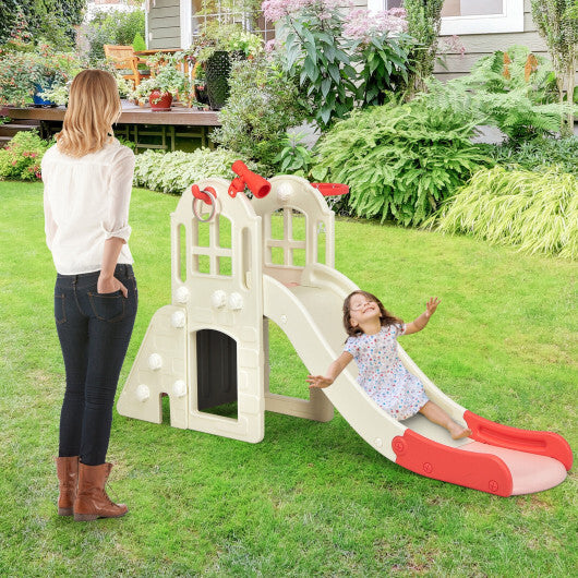 6-In-1 Large Slide for Kids Toddler Climber Slide Playset with Basketball Hoop-Pink - Color: Pink
