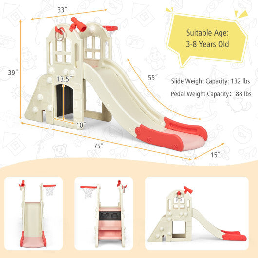 6-In-1 Large Slide for Kids Toddler Climber Slide Playset with Basketball Hoop-Pink - Color: Pink
