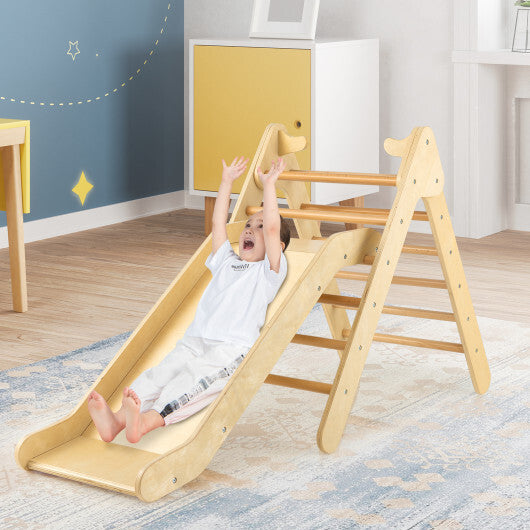 2-in-1 Wooden Triangle Climber Set with Gradient Adjustable Slide-Natural - Color: Natural