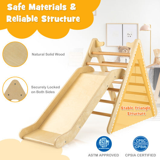2-in-1 Wooden Triangle Climber Set with Gradient Adjustable Slide-Natural - Color: Natural