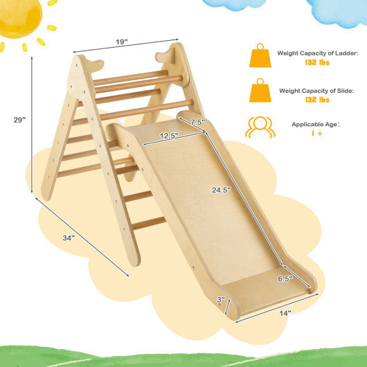 2-in-1 Wooden Triangle Climber Set with Gradient Adjustable Slide-Natural - Color: Natural