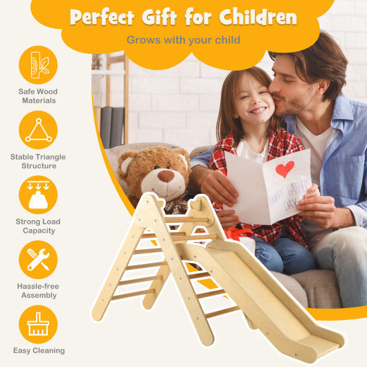 2-in-1 Wooden Triangle Climber Set with Gradient Adjustable Slide-Natural - Color: Natural
