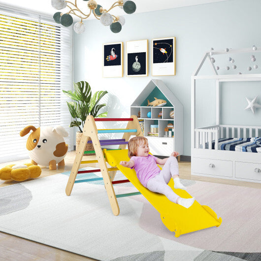 3-in-1 Wooden Climbing Triangle Set Triangle Climber with Ramp-Multicolor - Color: Multicolor