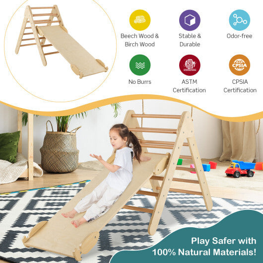 3-in-1 Wooden Climbing Triangle Set Triangle Climber with Ramp-Natural - Color: Natural