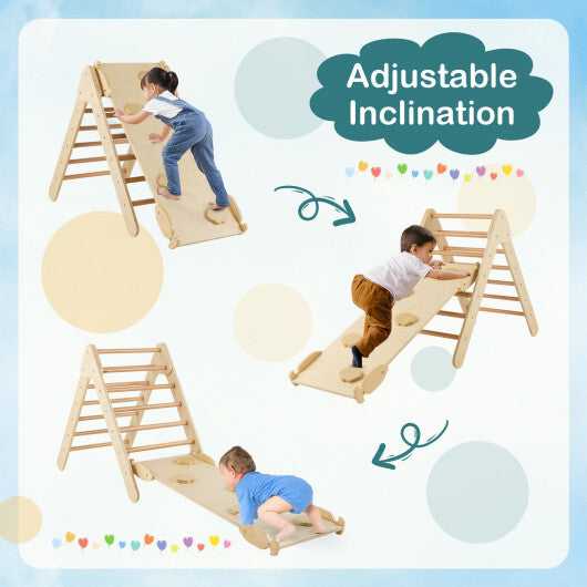 3-in-1 Wooden Climbing Triangle Set Triangle Climber with Ramp-Natural - Color: Natural