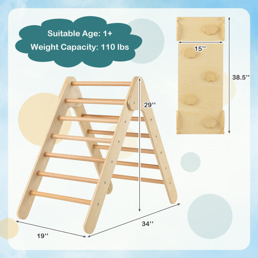 3-in-1 Wooden Climbing Triangle Set Triangle Climber with Ramp-Natural - Color: Natural