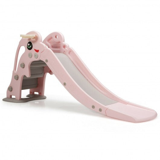 3-in-1 Kids Climber Slide Play Set with Basketball Hoop and Ball-Pink - Color: Pink