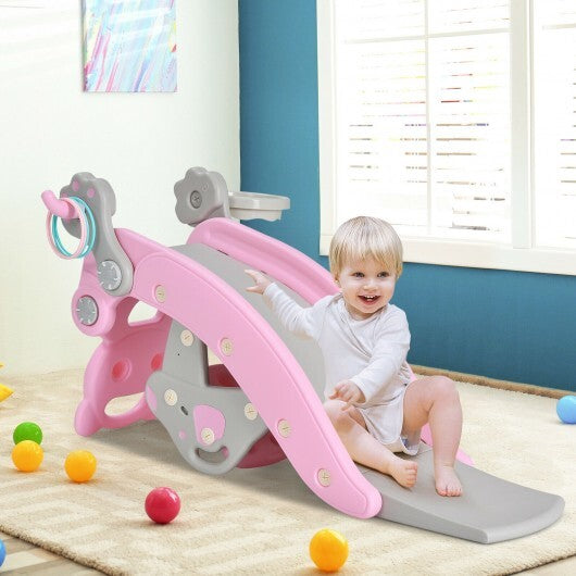 4-in-1 Toddler Slide and Rocking Horse Playset with Basketball Hoop-Pink - Color: Pink
