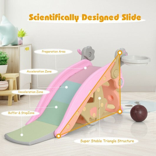 4-in-1 Toddler Slide and Rocking Horse Playset with Basketball Hoop-Pink - Color: Pink