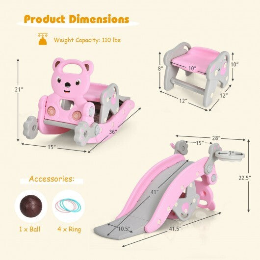 4-in-1 Toddler Slide and Rocking Horse Playset with Basketball Hoop-Pink - Color: Pink