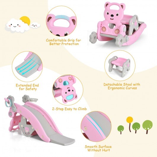 4-in-1 Toddler Slide and Rocking Horse Playset with Basketball Hoop-Pink - Color: Pink
