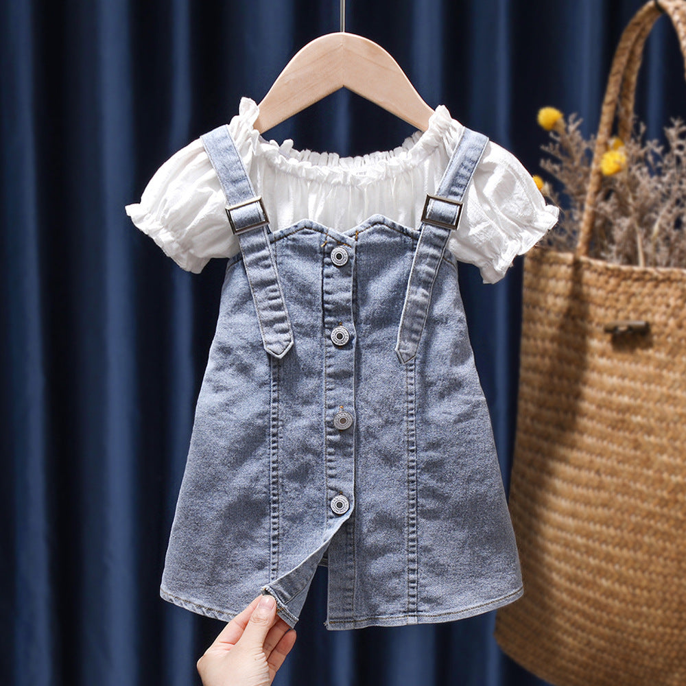 style: White suit, Size: 100yards - Children''s Summer Denim Strap Skirt Baby Fashion Short Sleeve Two Piece Set
