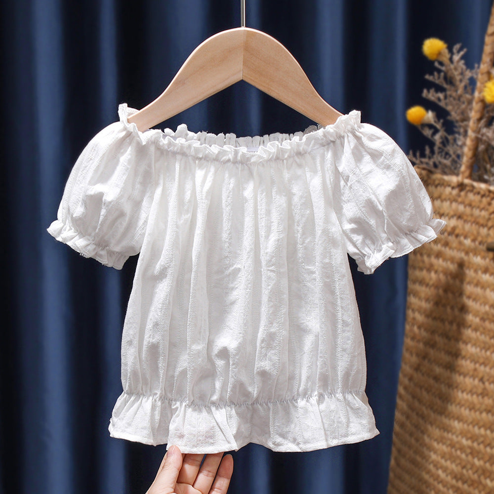 style: White shirt, Size: 120yards - Children''s Summer Denim Strap Skirt Baby Fashion Short Sleeve Two Piece Set