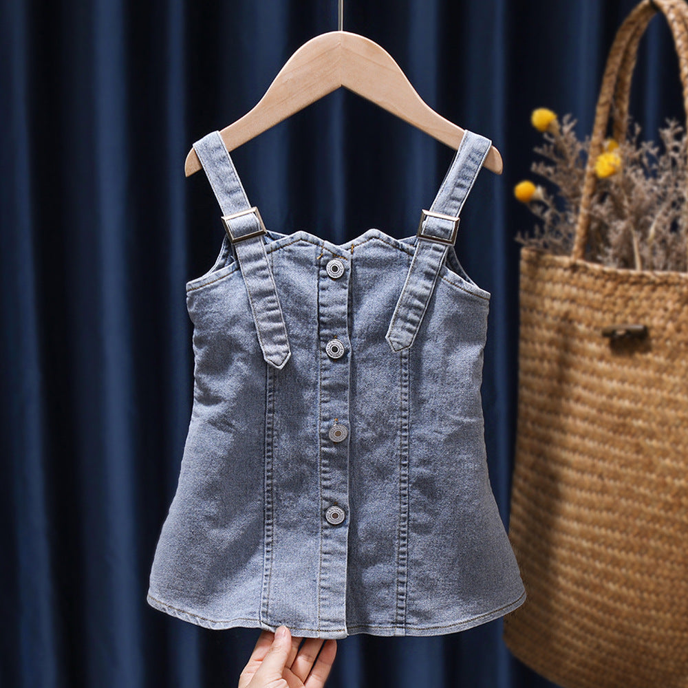 style: Denim suspender skirt, Size: 90yards - Children''s Summer Denim Strap Skirt Baby Fashion Short Sleeve Two Piece Set