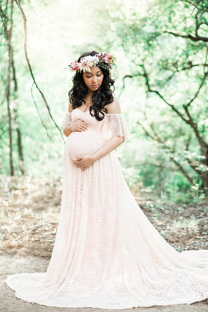 Color: White, Size: XL - New Maternity Lace Dress Gowns for Photo Shoot Pregnant Dres