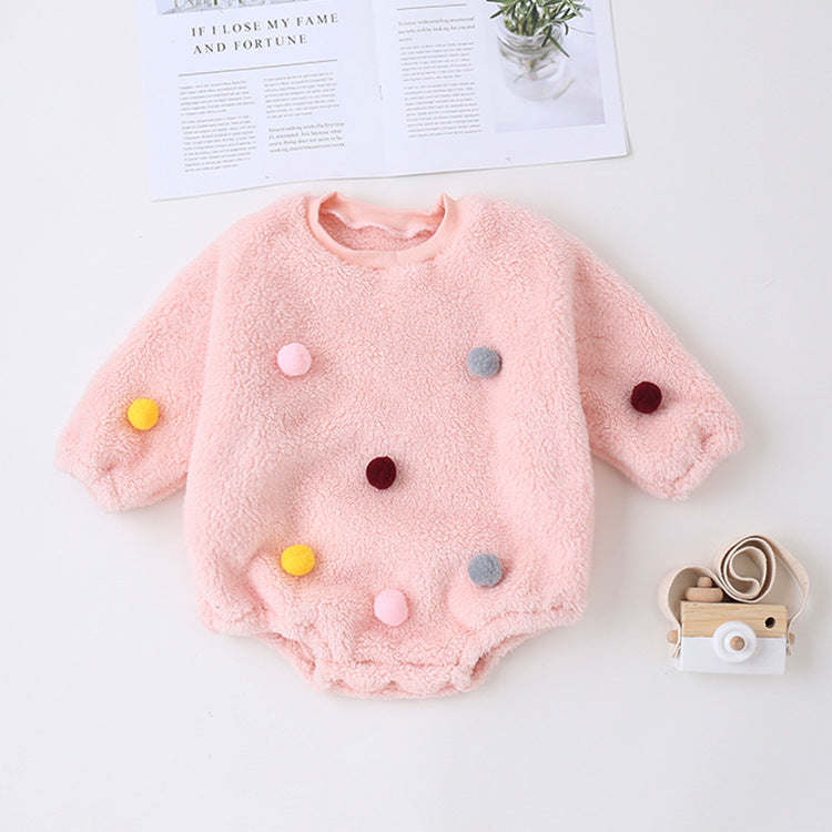 Baby Girl Solid Color Furball Patched Design Coral Fleece Pullover Onesies