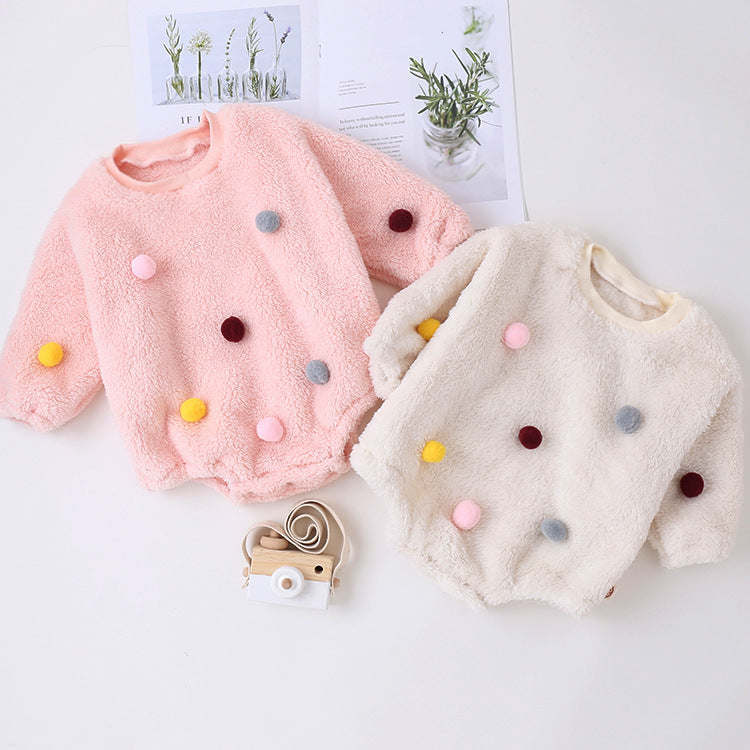 Baby Girl Solid Color Furball Patched Design Coral Fleece Pullover Onesies