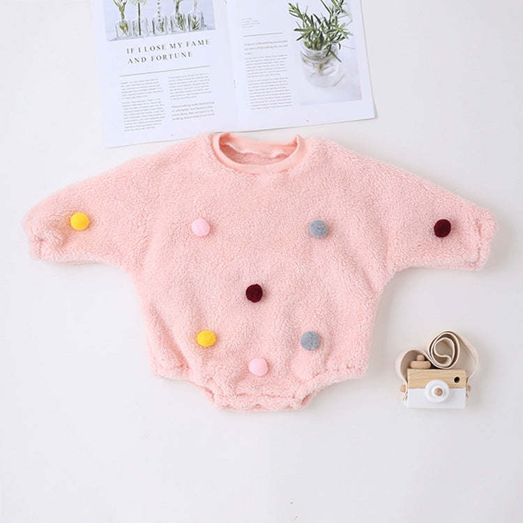 Baby Girl Solid Color Furball Patched Design Coral Fleece Pullover Onesies