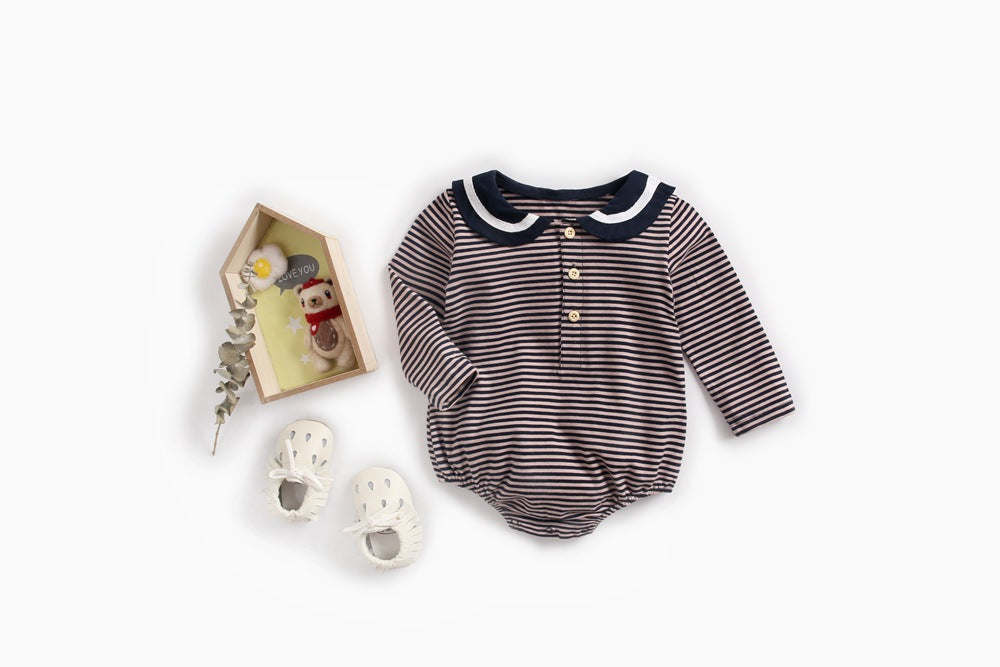 Baby Girl Striped Pattern Sailor Collar Design Fashion Long Sleeves Bodysuit Onesie