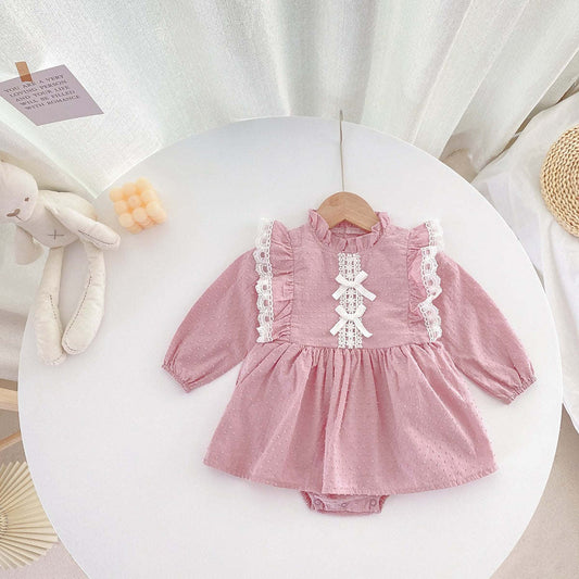 Baby Girl Solid Color Mesh Patchwork Design Long Sleeved Onesies Dress