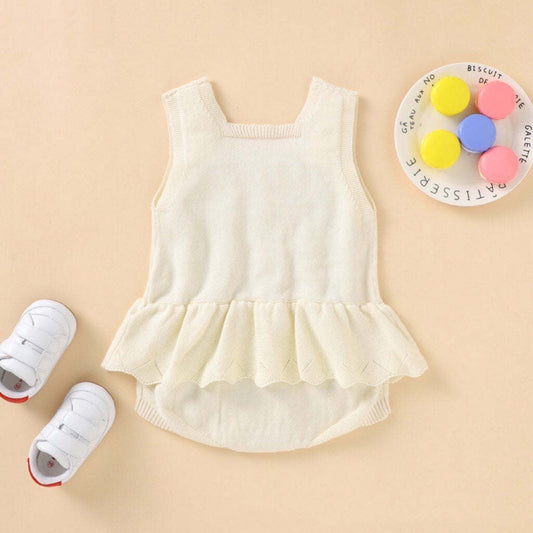 Baby Girl 1pcs Hollow Carved Design Square Neck Ruffle Deisign Knitted Onesies