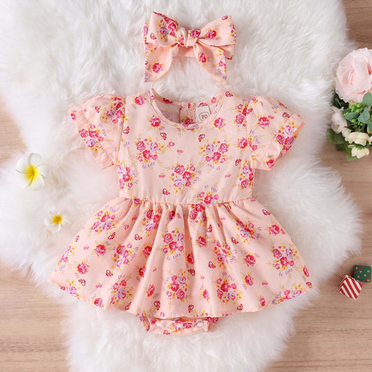 Baby Girl Flower Graphic A-Line Onesies Dress & Headband