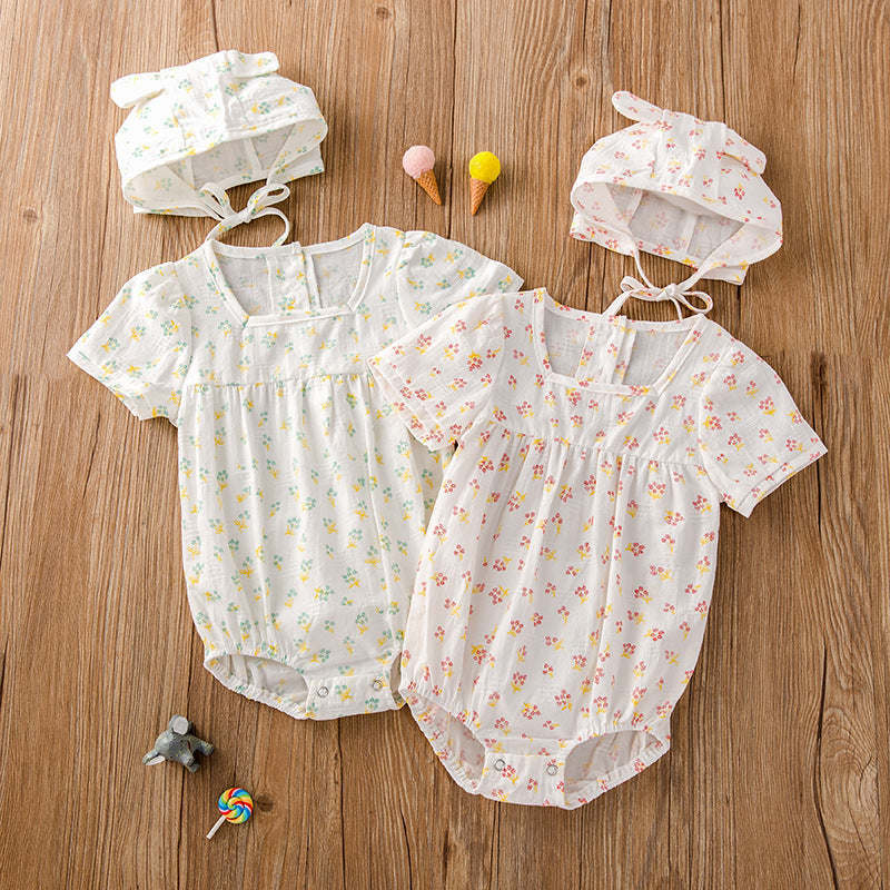 Baby Girl Floral Print Square Collar Onesies With Hat