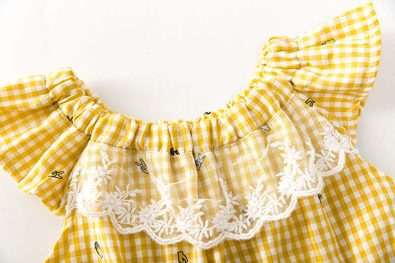 Baby Girl Plaid Pattern Lace Patchwork Design Sleeveless Onesies