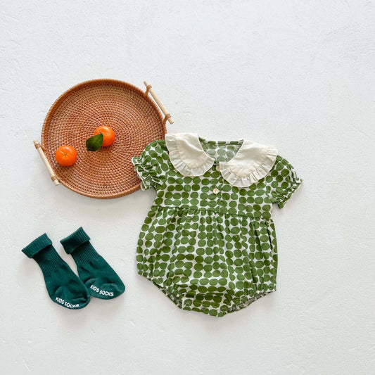 Baby Girl Dot Print Lapel Collar Short-Sleeved Onesies In Summer