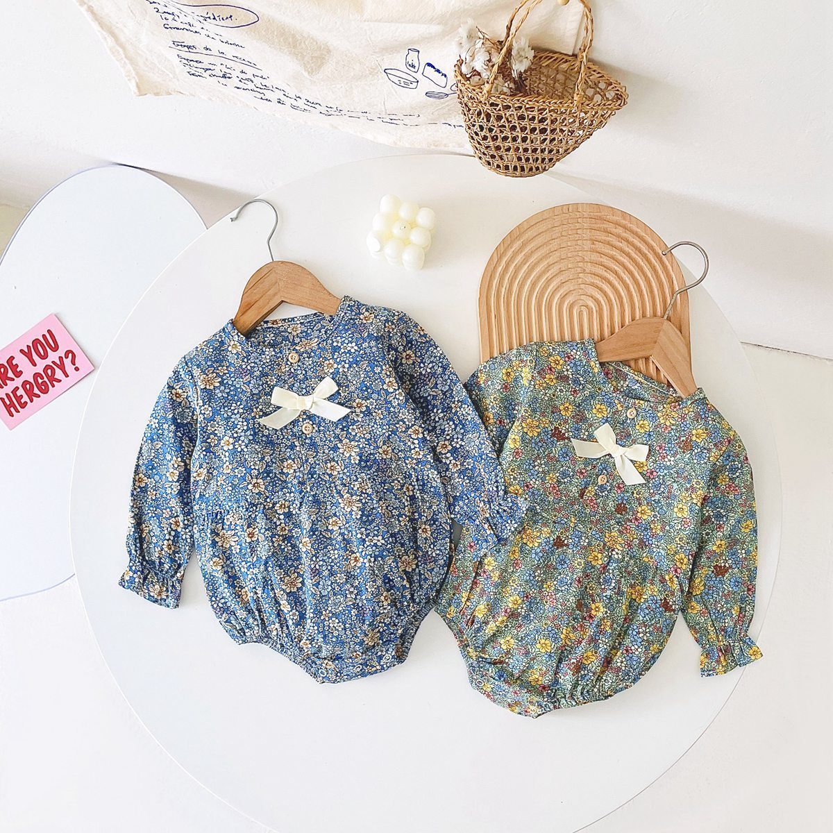 Baby Girl Ditsy Flower Pattern Bow Patched Design Korean Style Onesies