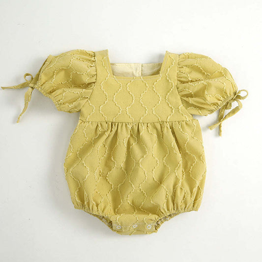 Baby Girls Embroidery Design Solid Color Square Collar Puff Sleeves Onesies In Summer