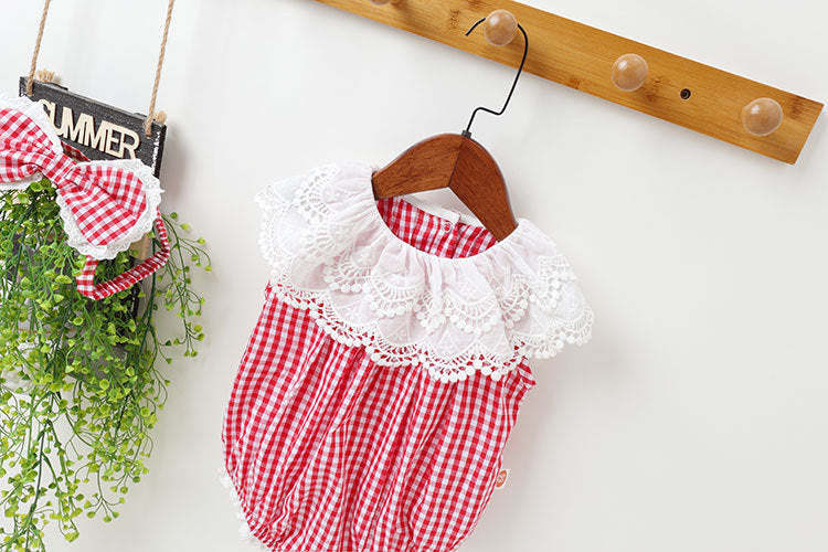 Baby Girl Red Plaid Pattern Lace Patchwork Design Round Neck Sleeveless Onesies With Headband