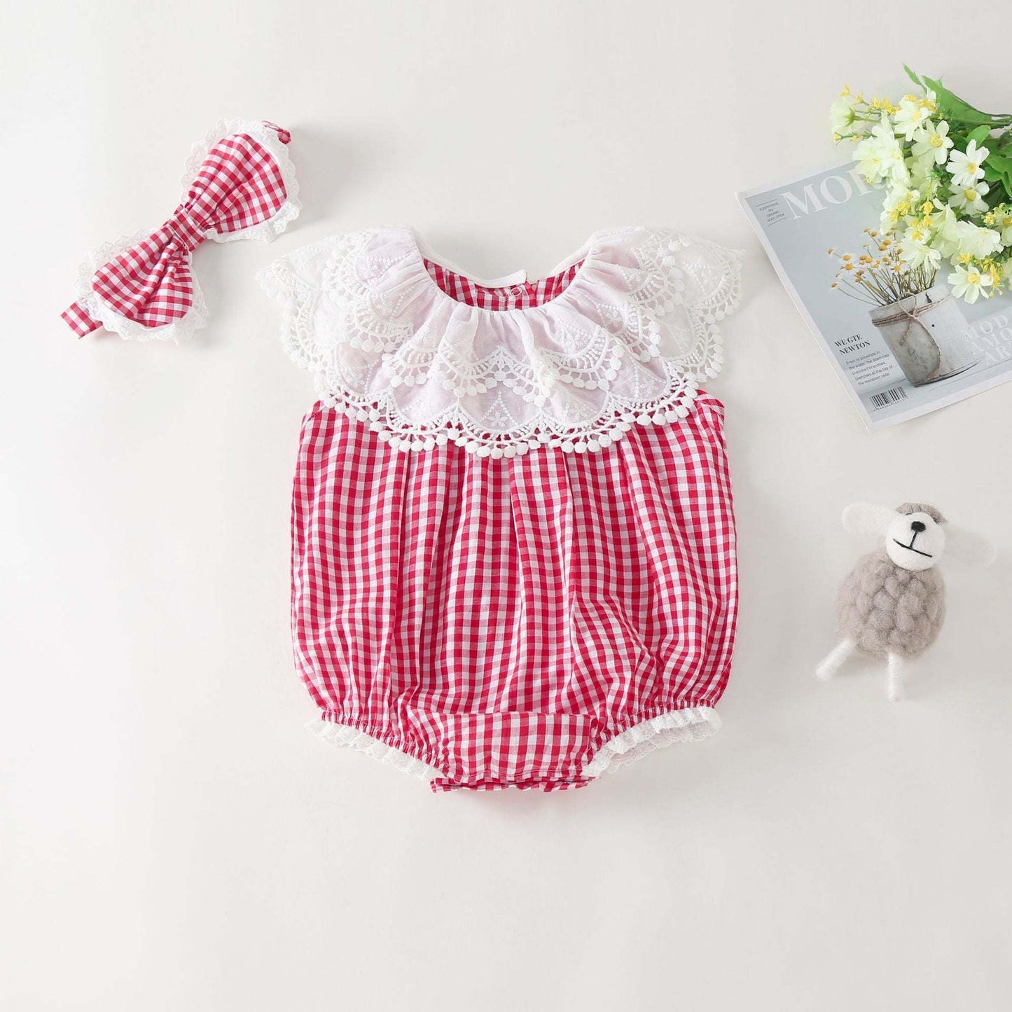 Baby Girl Red Plaid Pattern Lace Patchwork Design Round Neck Sleeveless Onesies With Headband