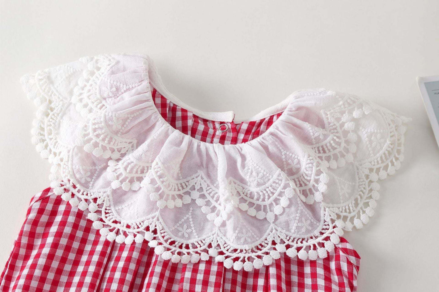 Baby Girl Red Plaid Pattern Lace Patchwork Design Round Neck Sleeveless Onesies With Headband