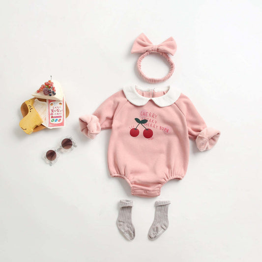 Baby Girl 1pcs Cherry & Slogan Pattern Doll Neck Longsleeve Onesies