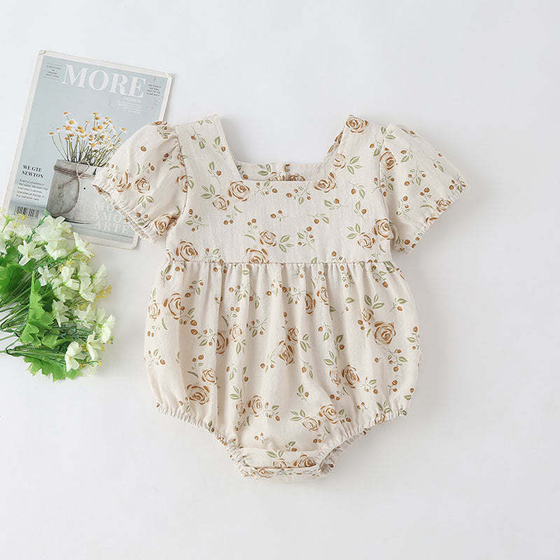 Baby Girl Floral Print Square Collar Short-Sleeved Onesies