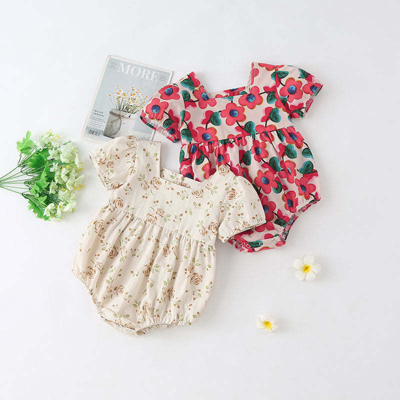 Baby Girl Floral Print Square Collar Short-Sleeved Onesies