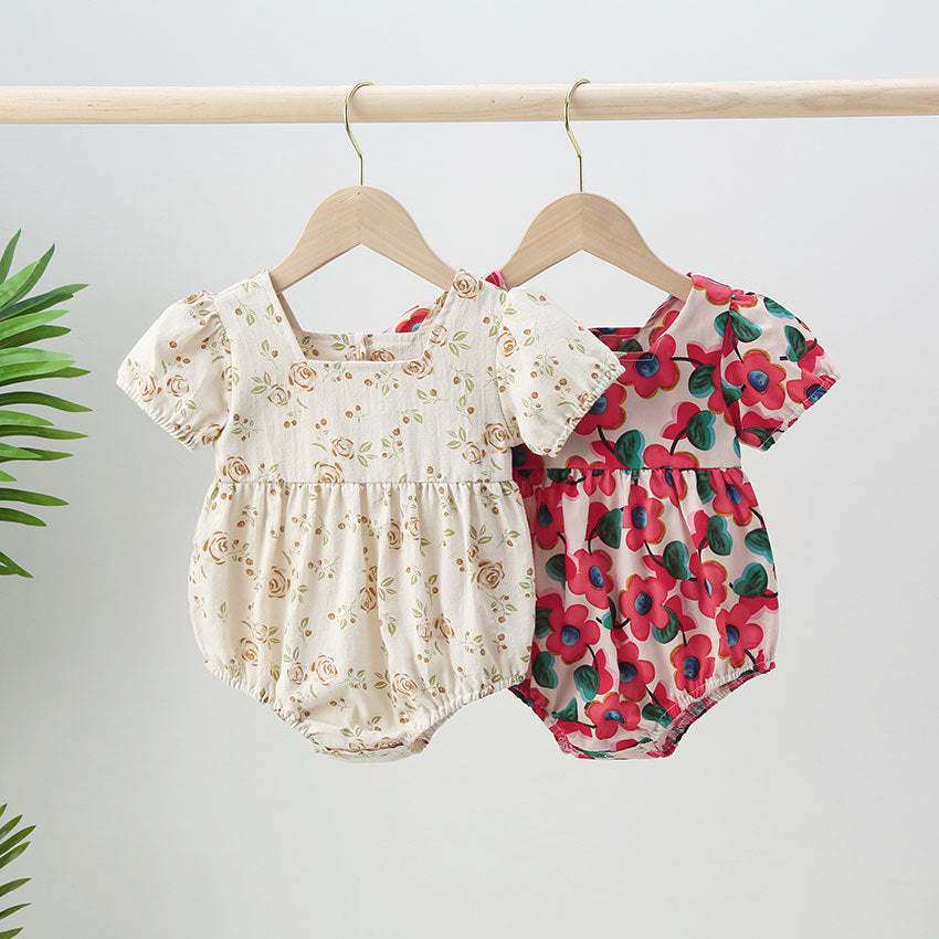 Baby Girl Floral Print Square Collar Short-Sleeved Onesies