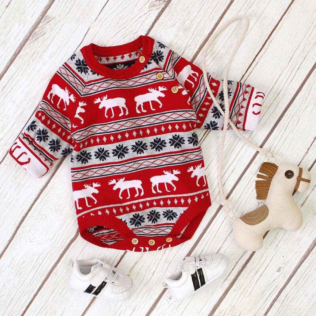 Baby Christmas Deer Pattern Shoulder Button Design Long Sleeved Onesies